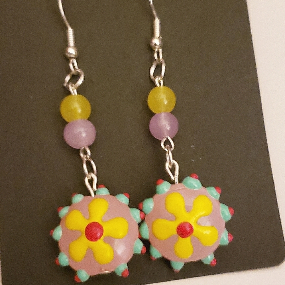 Handmade Pink Yellow Red Blue Beaded Flower Boho Dangle Earrings